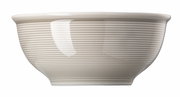 Seitenansicht einer 16 cm großen Müslischale in Moon Grey mit feinen horizontalen Rillen.