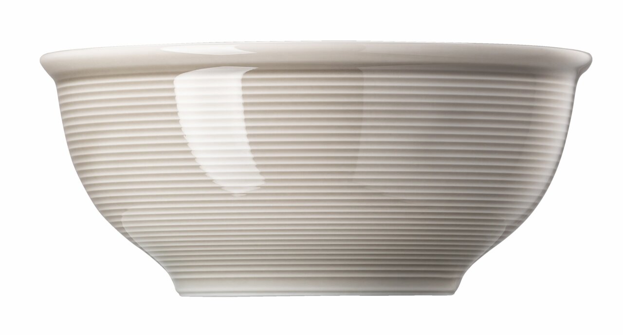 Seitenansicht einer 16 cm großen Müslischale in Moon Grey mit feinen horizontalen Rillen.