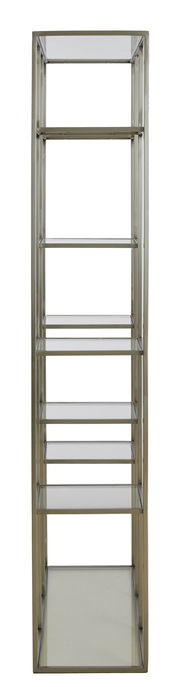 Modernes Standregal aus Metall mit Glasböden, frontal fotografiert.