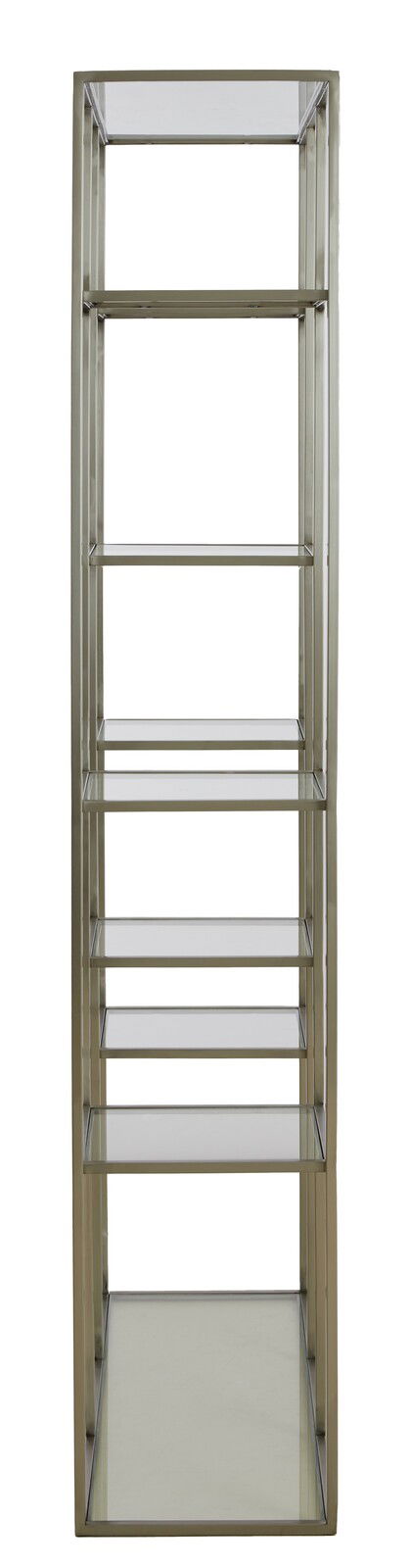 Modernes Standregal aus Metall mit Glasböden, frontal fotografiert.