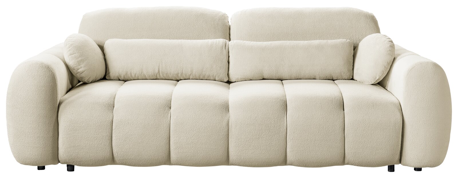 Beiges, weich gepolstertes 3-Sitzer-Sofa mit breiten Armlehnen, hoher Rückenlehne und zwei Rückenkissen, Frontansicht.