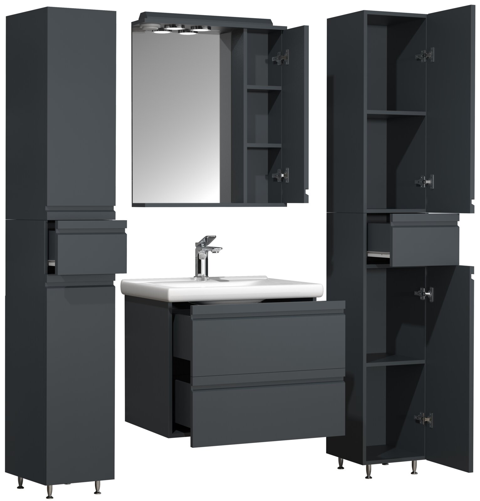 Badezimmermöbel-Set in Anthrazit mit Waschtischunterschrank und weißem Waschbecken, Spiegelschrank mit Beleuchtung sowie zwei Hochschränken, frontal in leicht schräger Perspektive dargestellt