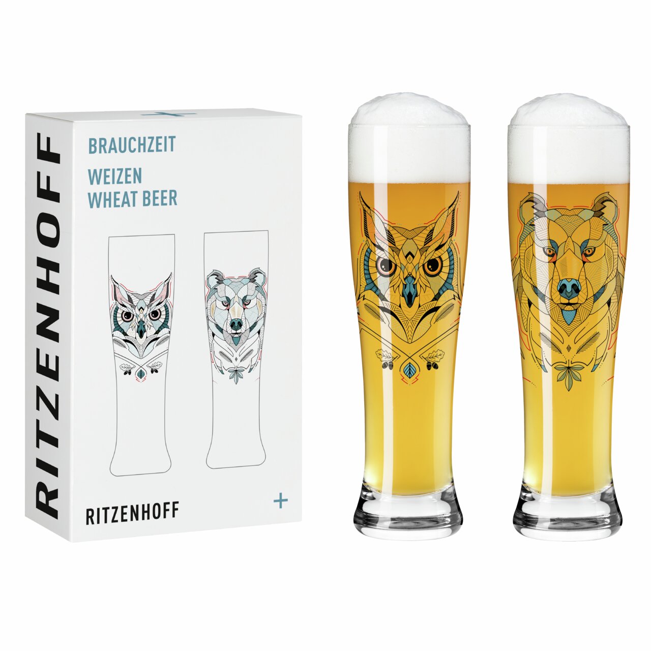 Twee weizenglazen met een uilen- en berenmotief, gevuld met bier, naast de verpakking. Vooraanzicht.