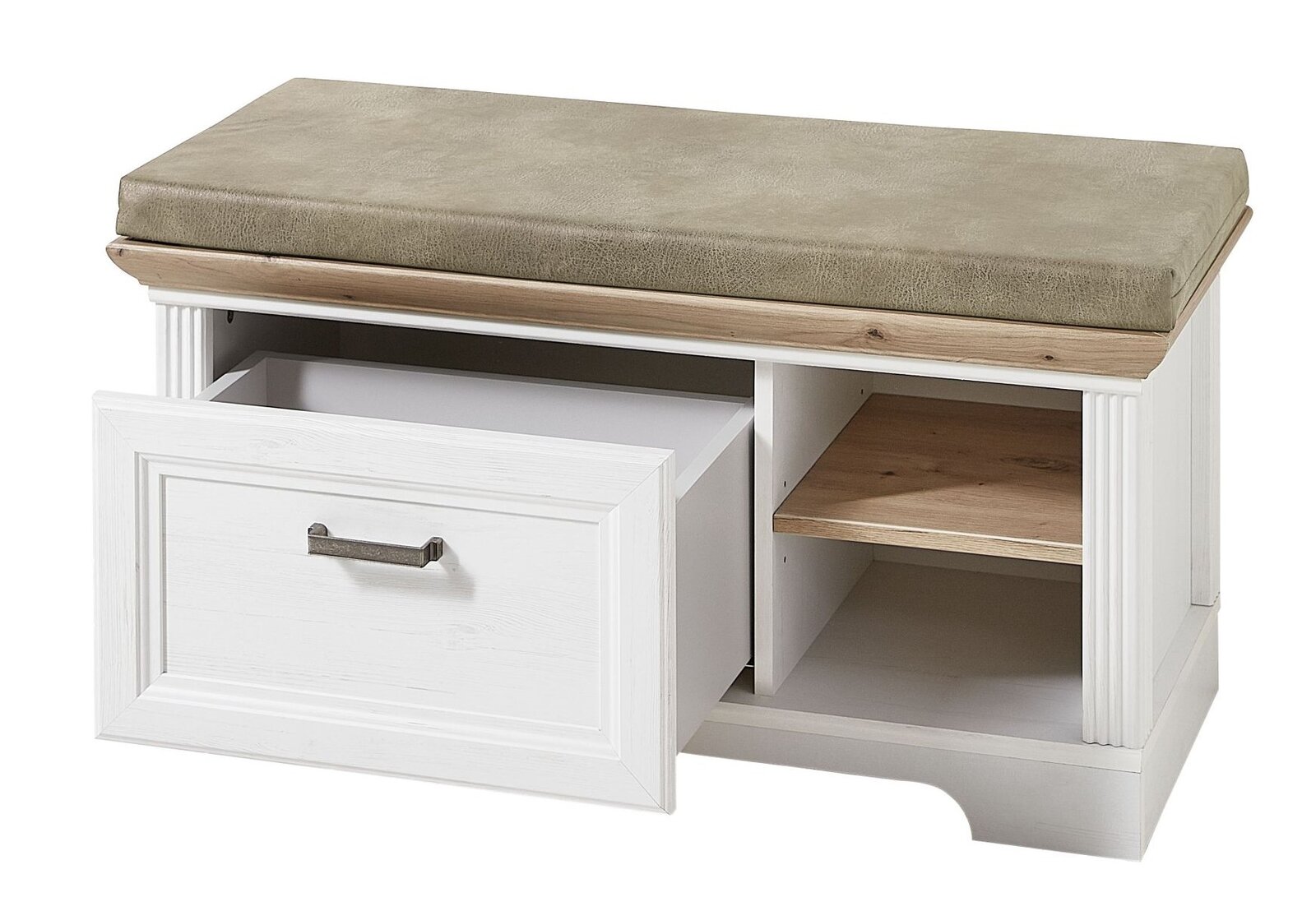 Garderobenbank mit beigem Sitzpolster, offener Schublade und Regalfach, Frontalansicht