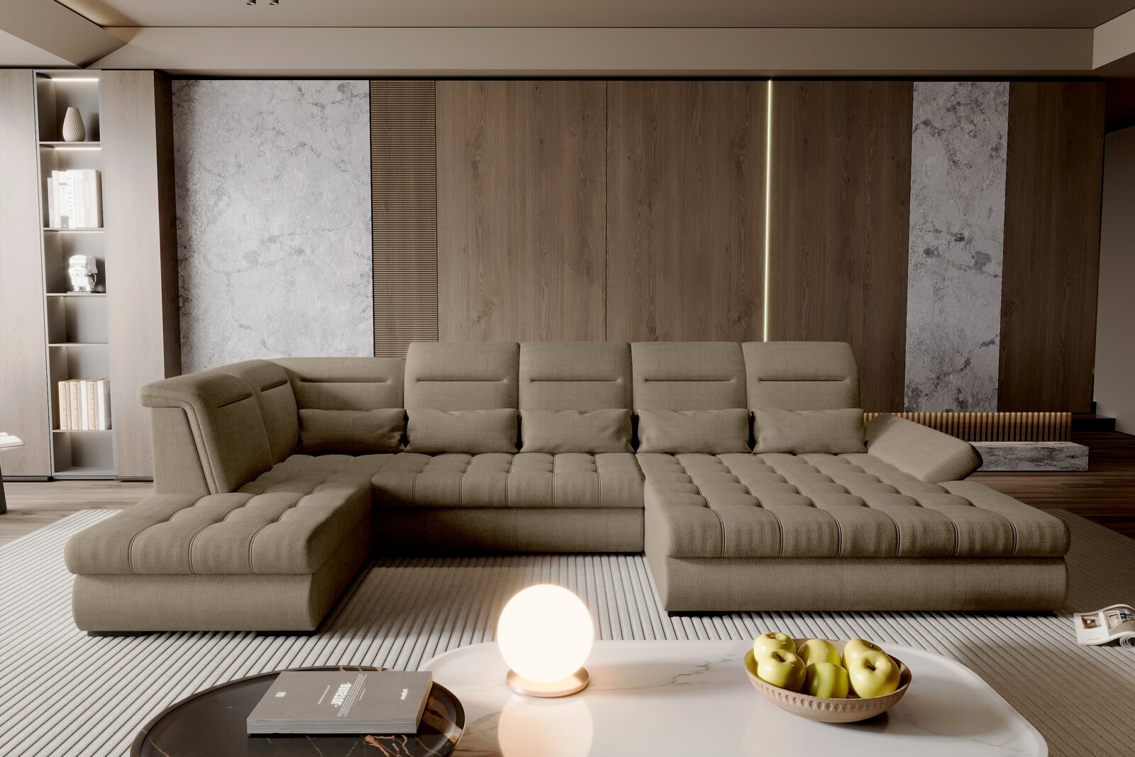 Beiges, modernes U-förmiges Polstersofa mit tiefen Sitzflächen und Steppung in einem stilvollen Wohnzimmer, frontale Perspektive