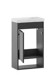 Waschtischunterschrank in dunklem Holz mit offenem Schrank und weißem Waschbecken, seitliche Perspektive