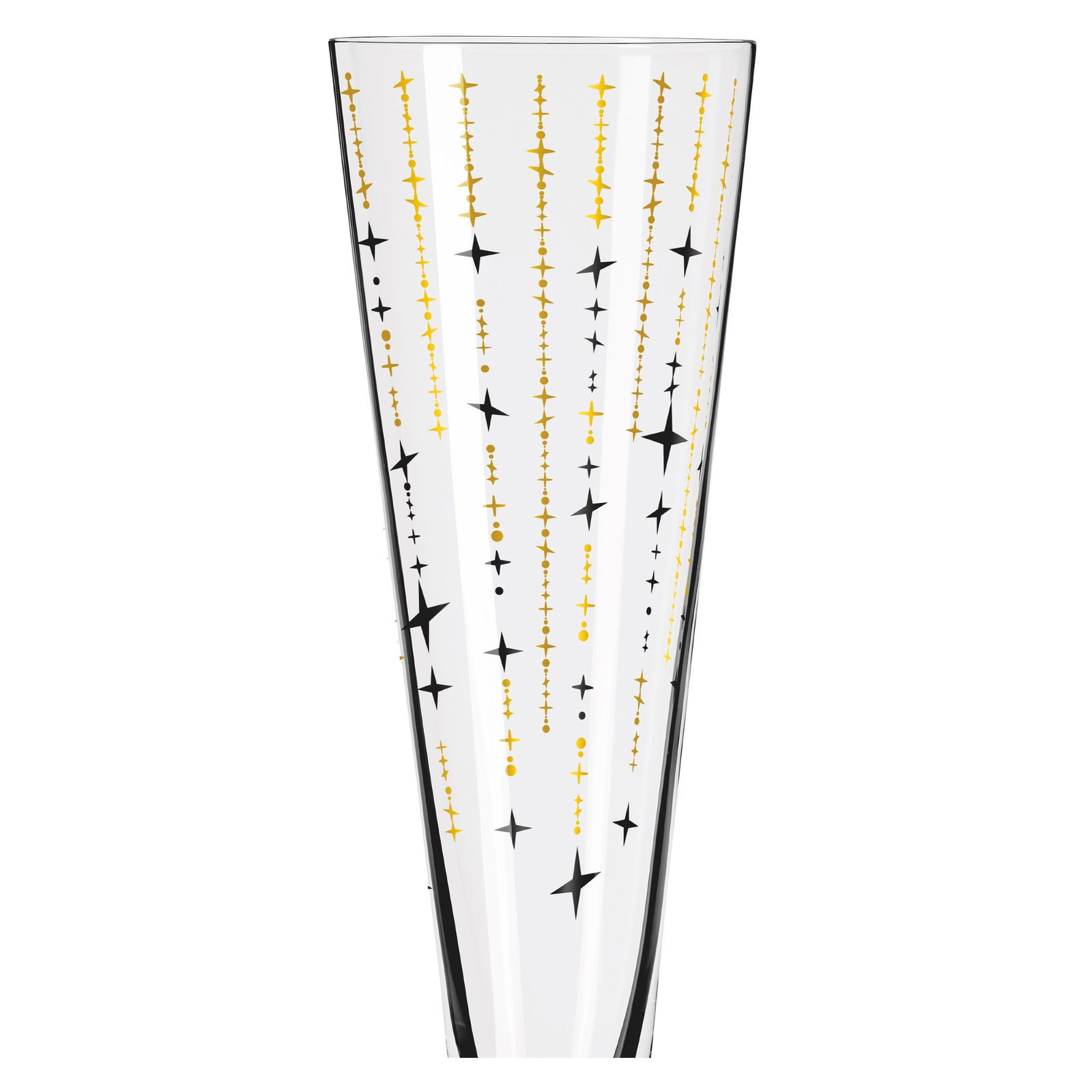 Nahaufnahme eines Champusglases mit goldenen und schwarzen Sternmustern auf transparentem Glas.