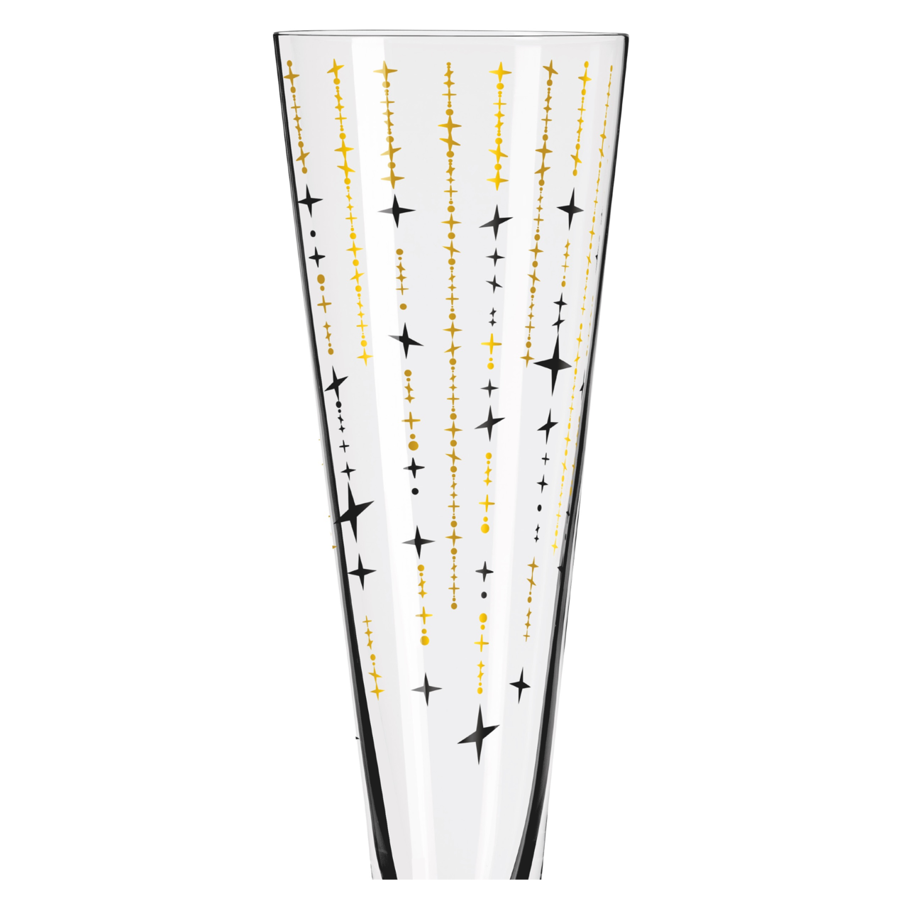Nahaufnahme eines Champusglases mit goldenen und schwarzen Sternmustern auf transparentem Glas.