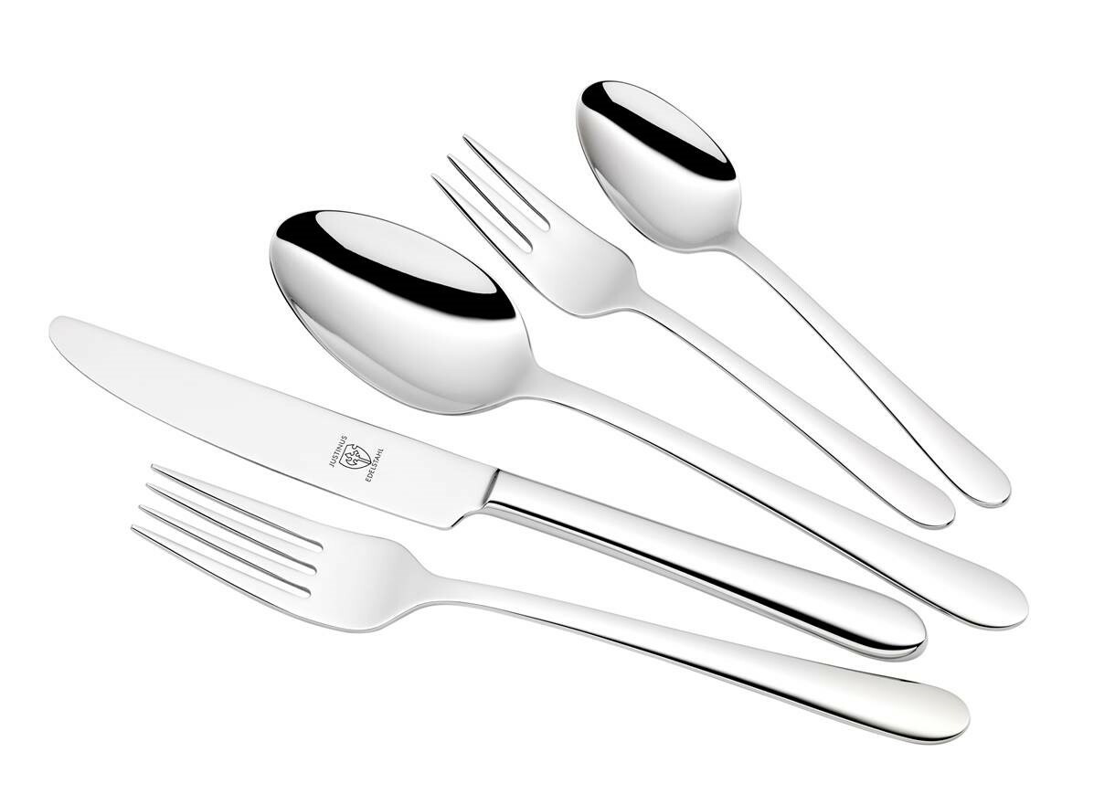 Justinus Bestekset, 30-delig IMOLA Elegantes 30-teiliges Besteckset aus Edelstahl, bestehend aus Messer, Gabel, Löffel und Teelöffel, in einer schrägen Draufsicht.