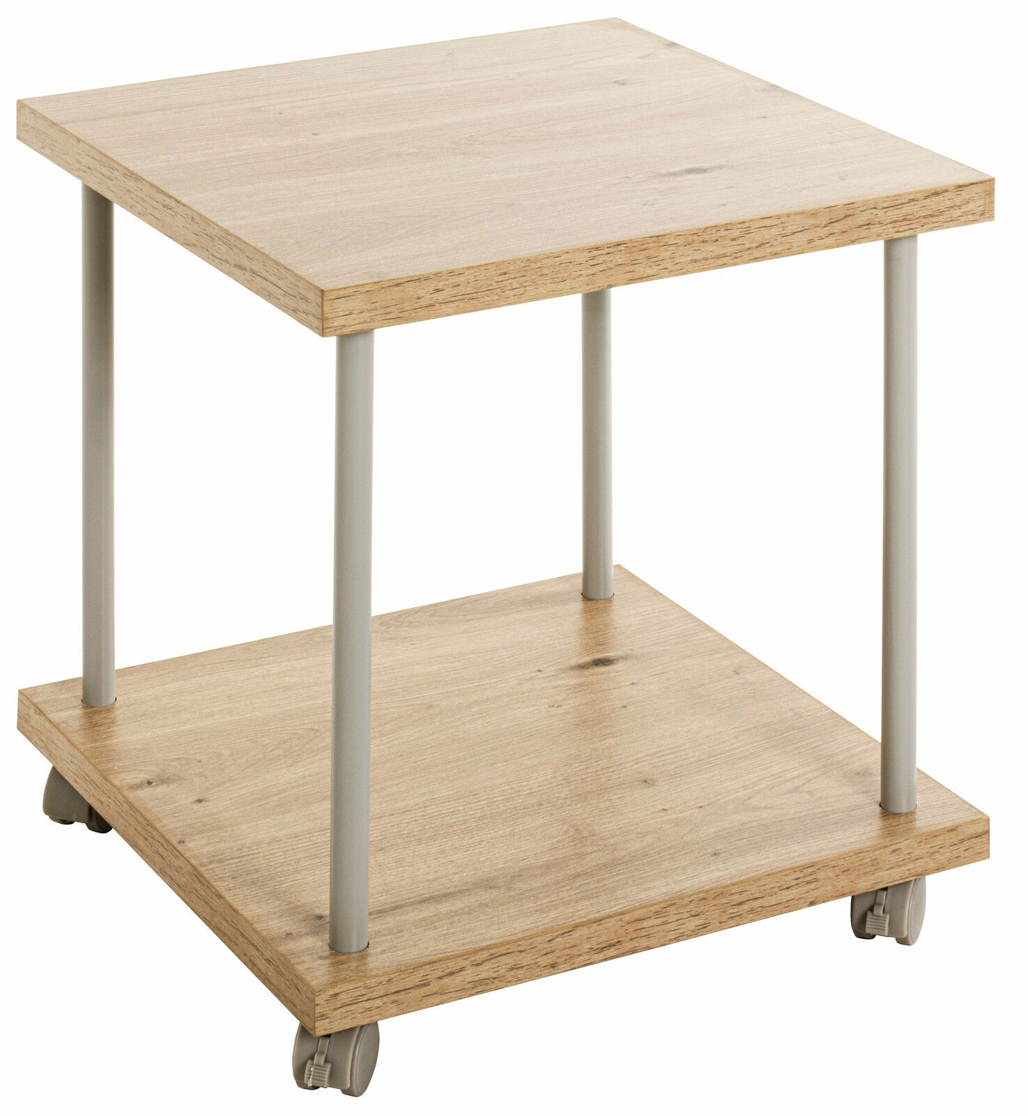 Moderner Beistelltisch auf Rollen aus Holz mit zwei Ebenen, seitliche Perspektive