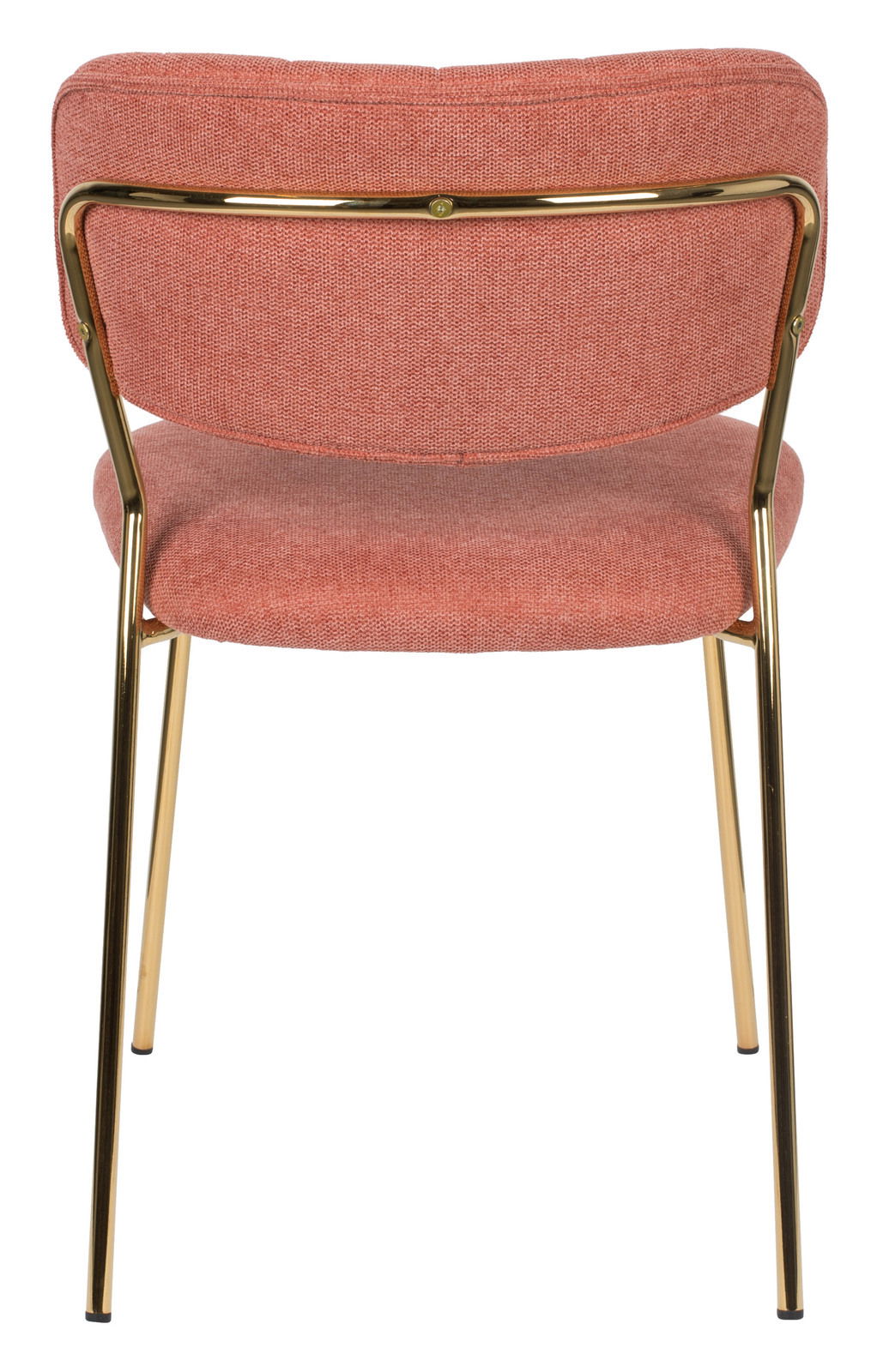 Rückansicht eines modernen Stuhls mit rosafarbenem Stoffbezug und goldenen Metallbeinen.