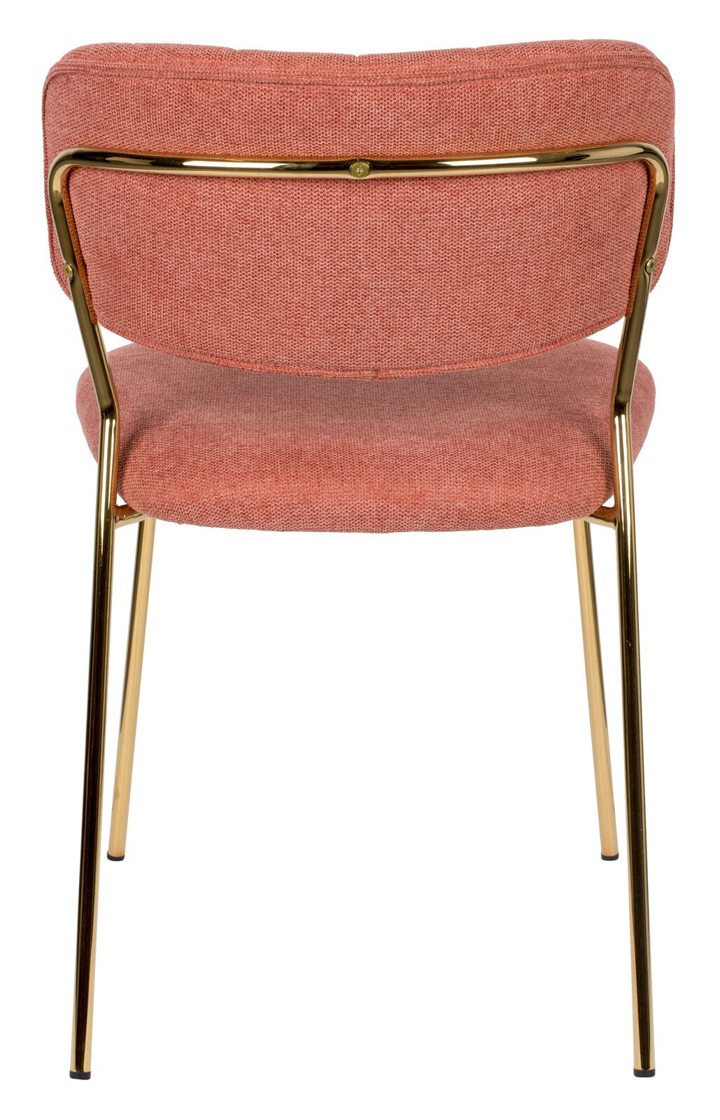 Rückansicht eines modernen Stuhls mit rosafarbenem Stoffbezug und goldenen Metallbeinen.