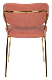 Rückansicht eines modernen Stuhls mit rosafarbenem Stoffbezug und goldenen Metallbeinen.
