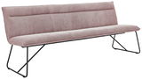 Rosa Sitzbank mit modernem Design und Metallbeinen, seitliche Perspektive