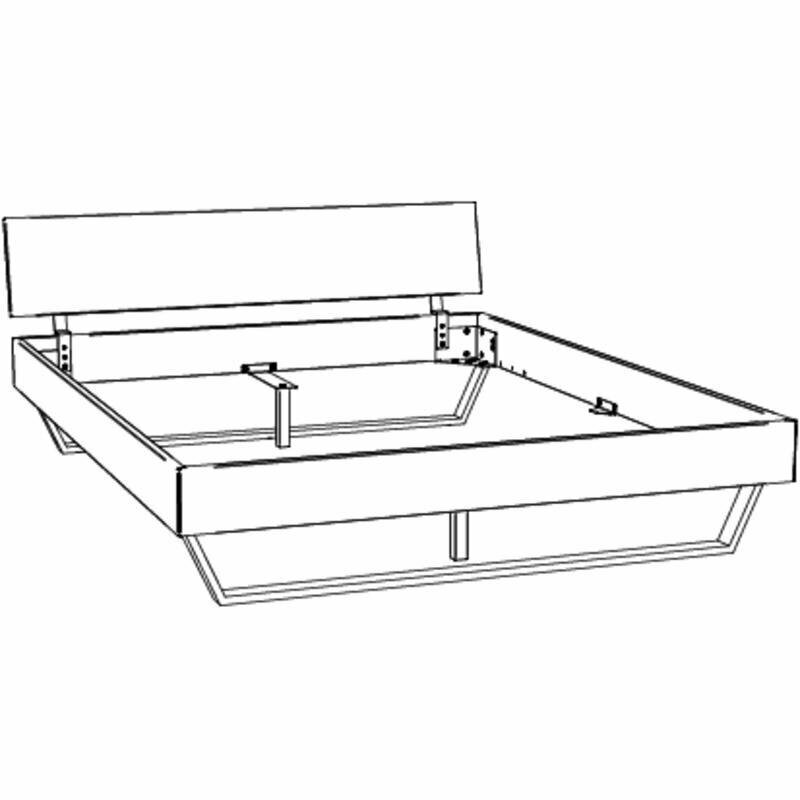 Skizze eines Bettgestells mit Kopfteil, perspektivische Ansicht von vorne.