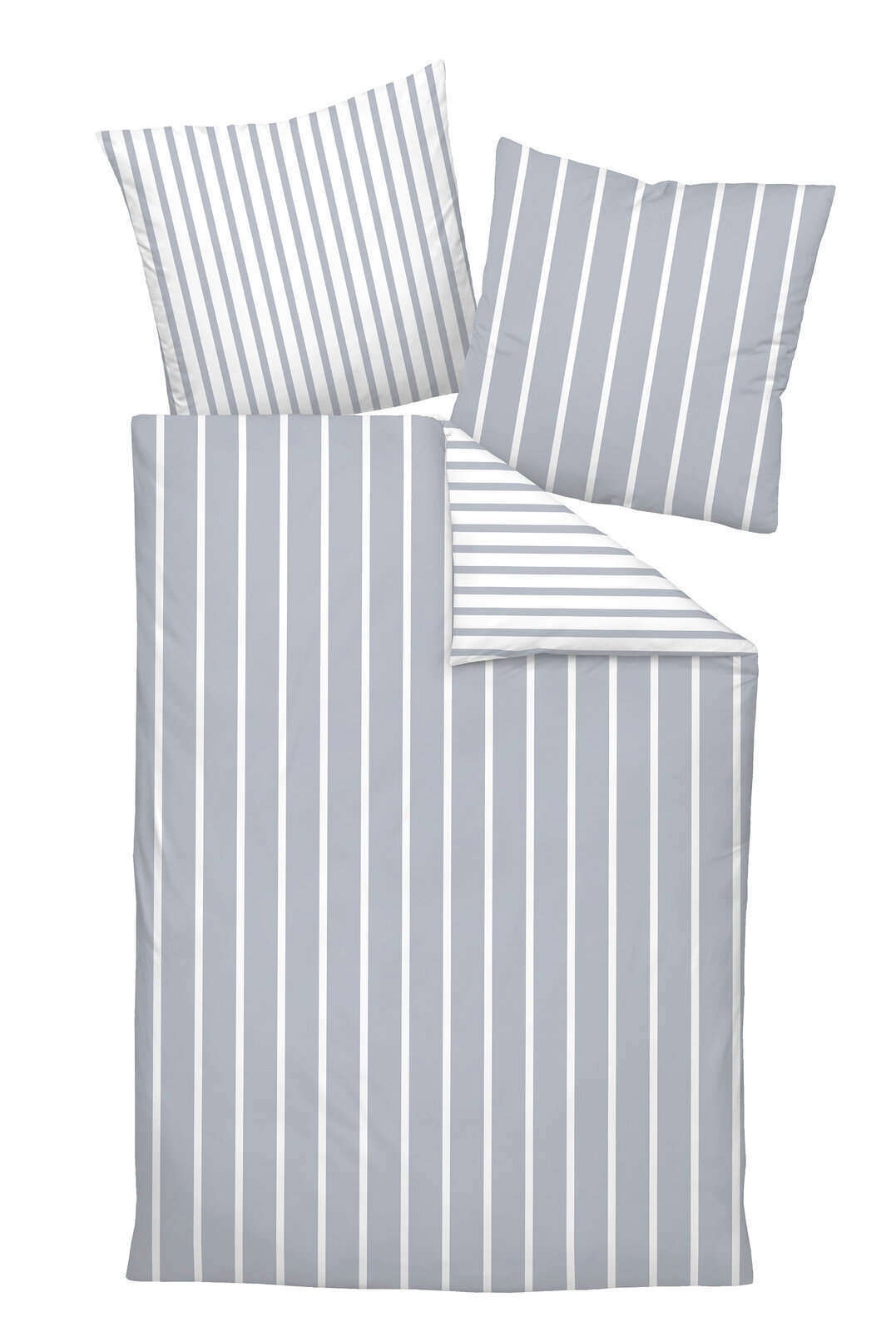 Bettwäsche-Set mit grauen und weißen Streifen, bestehend aus einem Bettbezug und zwei Kissenbezügen, aus der Vogelperspektive.