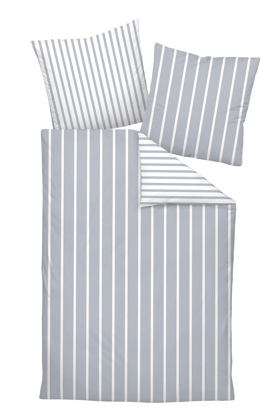 Bettwäsche-Set mit grauen und weißen Streifen, bestehend aus einem Bettbezug und zwei Kissenbezügen, aus der Vogelperspektive.