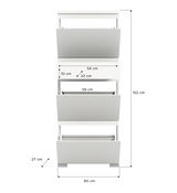 Frontansicht eines weißen Schuhschranks mit drei Klappfächern, 152 cm hoch, 60 cm breit und 27 cm tief.