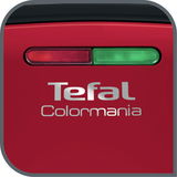 Nahaufnahme der Vorderseite eines roten Tefal Colormania Geräts mit zwei Kontrollleuchten, einer roten und einer grünen.