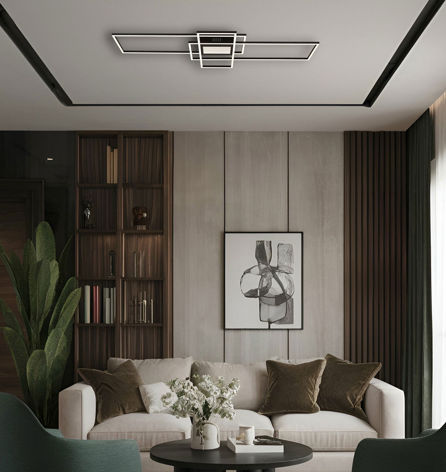 Moderne Deckenleuchte in geometrischem Design, von unten betrachtet, in einem stilvoll eingerichteten Wohnzimmer.