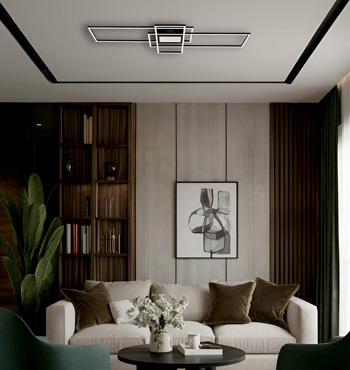 Moderne Deckenleuchte in geometrischem Design, von unten betrachtet, in einem stilvoll eingerichteten Wohnzimmer.