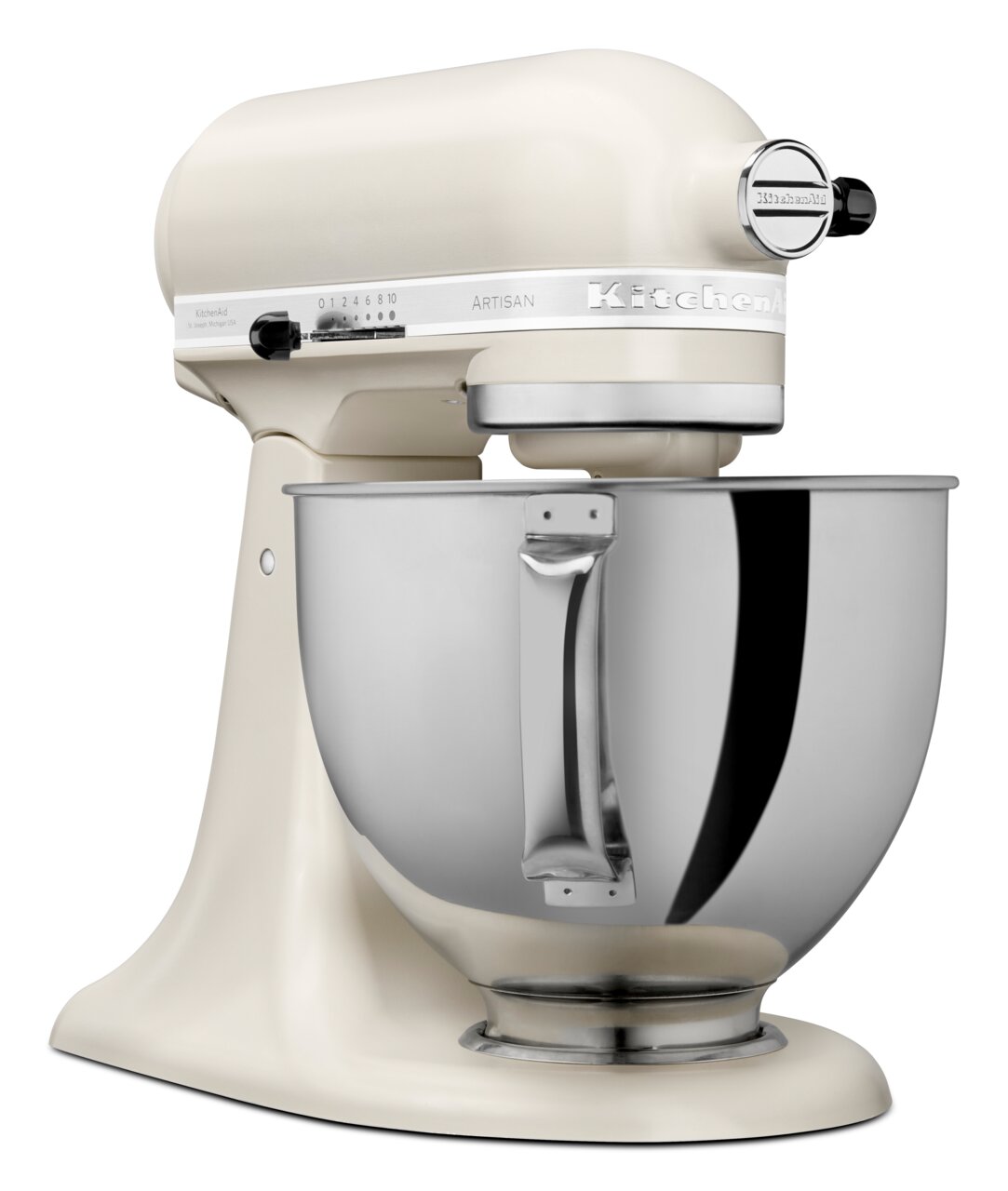 Witte keukenmachine met een kom van 4,8 l, zijaanzicht