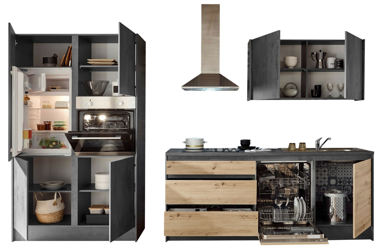 Moderne Küchenzeile mit Kühlschrank, Backofen, Dunstabzugshaube, Geschirrspüler und Stauraum, frontal abgebildet.