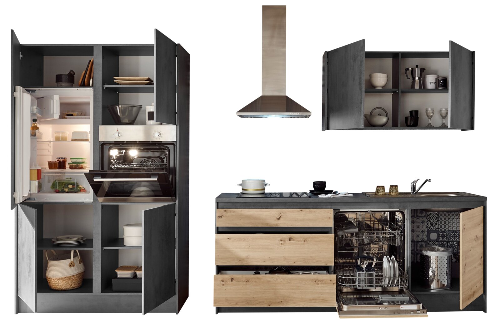Moderne Küchenzeile mit Kühlschrank, Backofen, Dunstabzugshaube, Geschirrspüler und Stauraum, frontal abgebildet.