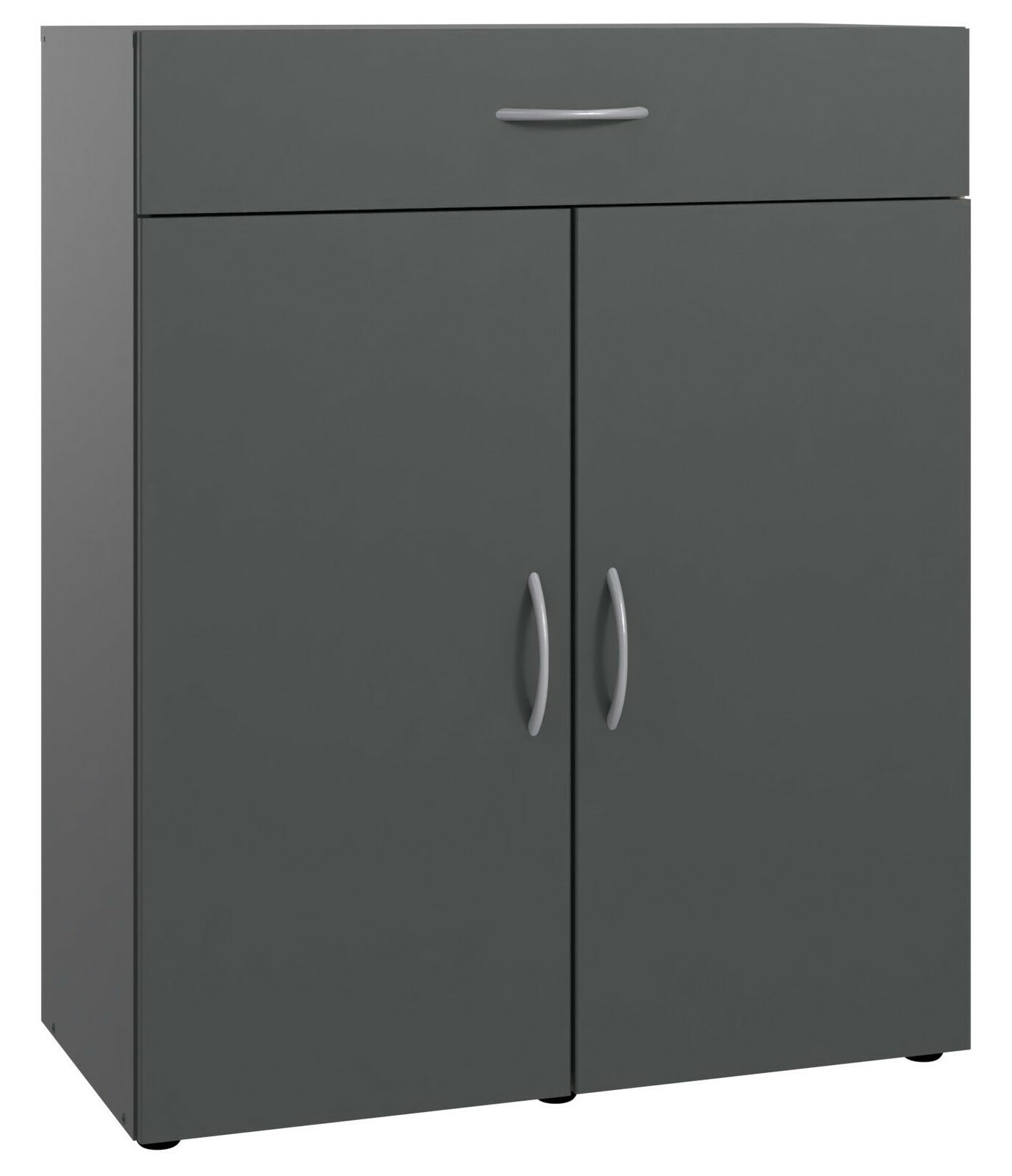 Graue Kommode mit einer Schublade oben und zwei Türen unten, frontal abgebildet.