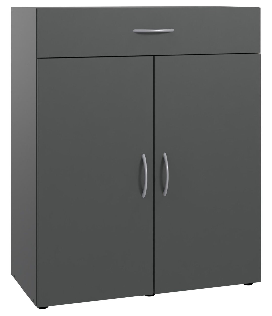 Graue Kommode mit einer Schublade oben und zwei Türen unten, frontal abgebildet.
