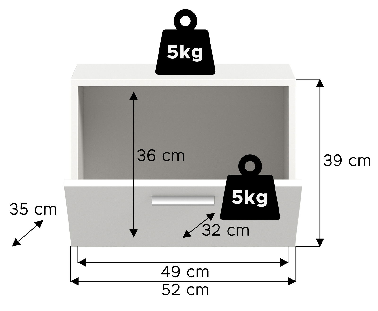 Frontansicht eines weißen Garderobenschranks mit den Maßen 52 cm Breite, 39 cm Höhe und 35 cm Tiefe. Der Schrank hat eine offene Ablage und eine Schublade, beide mit einer Belastbarkeit von 5 kg.