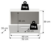Frontansicht eines weißen Garderobenschranks mit den Maßen 52 cm Breite, 39 cm Höhe und 35 cm Tiefe. Der Schrank hat eine offene Ablage und eine Schublade, beide mit einer Belastbarkeit von 5 kg.