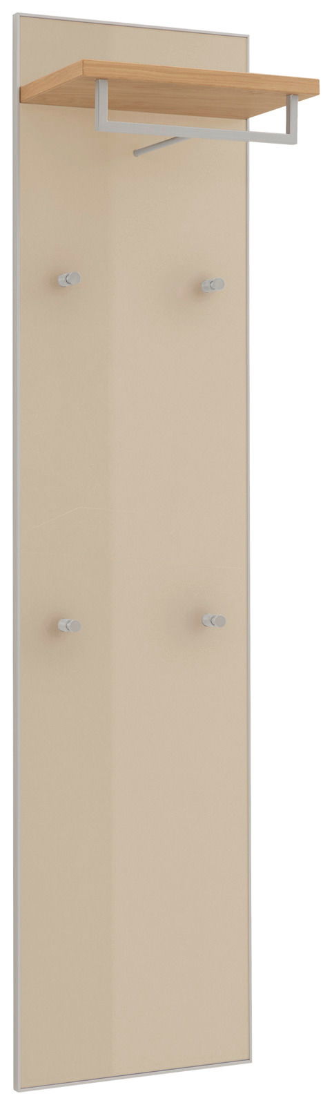 Schmales Garderobenpaneel mit Holzablage und Haken, seitliche Perspektive