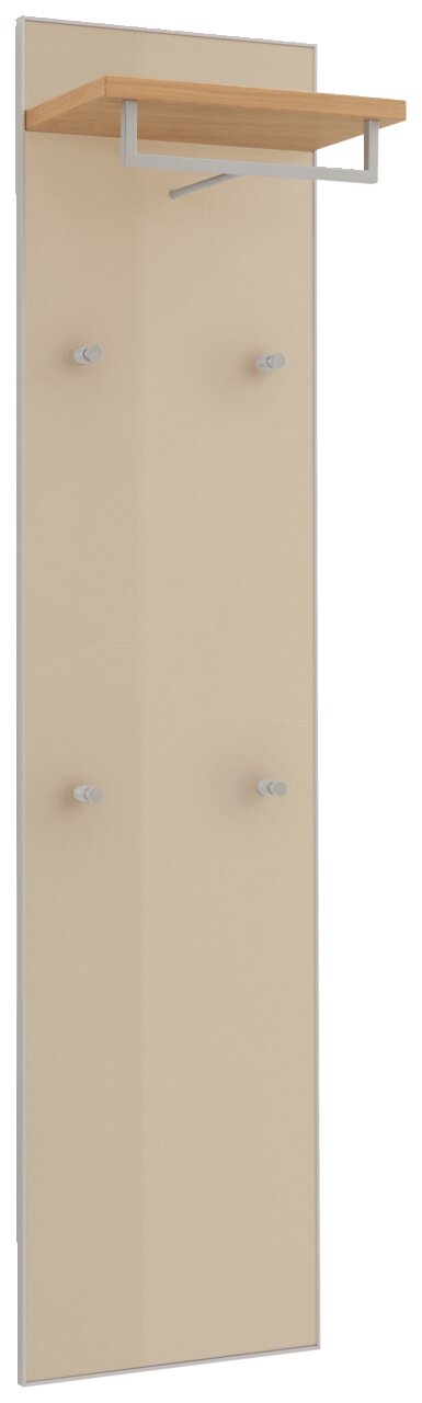 Schmales Garderobenpaneel mit Holzablage und Haken, seitliche Perspektive