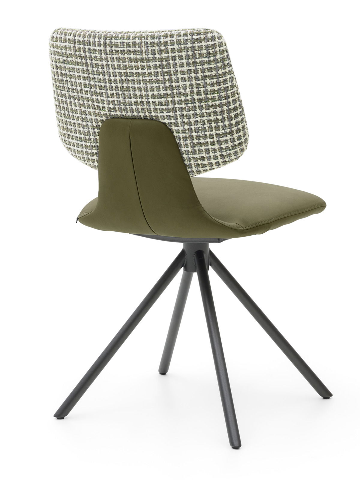 Rückansicht eines modernen Stuhls mit gepolsterter Rückenlehne in kariertem Muster und olivgrünem Sitz, auf einem schwarzen Metallgestell mit vier Beinen.