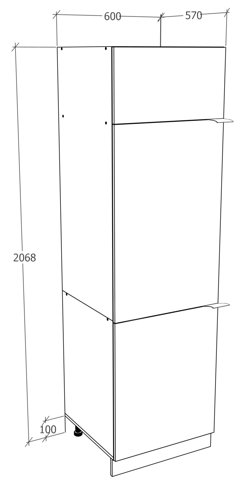 Technische Zeichnung eines hohen Hochschranks mit zwei Frontklappen und seitlichen Griffleisten, Maße ca. 2068 mm Höhe und 600/570 mm Breite, in schräger Front- und Seitenansicht (3/4-Perspektive)
