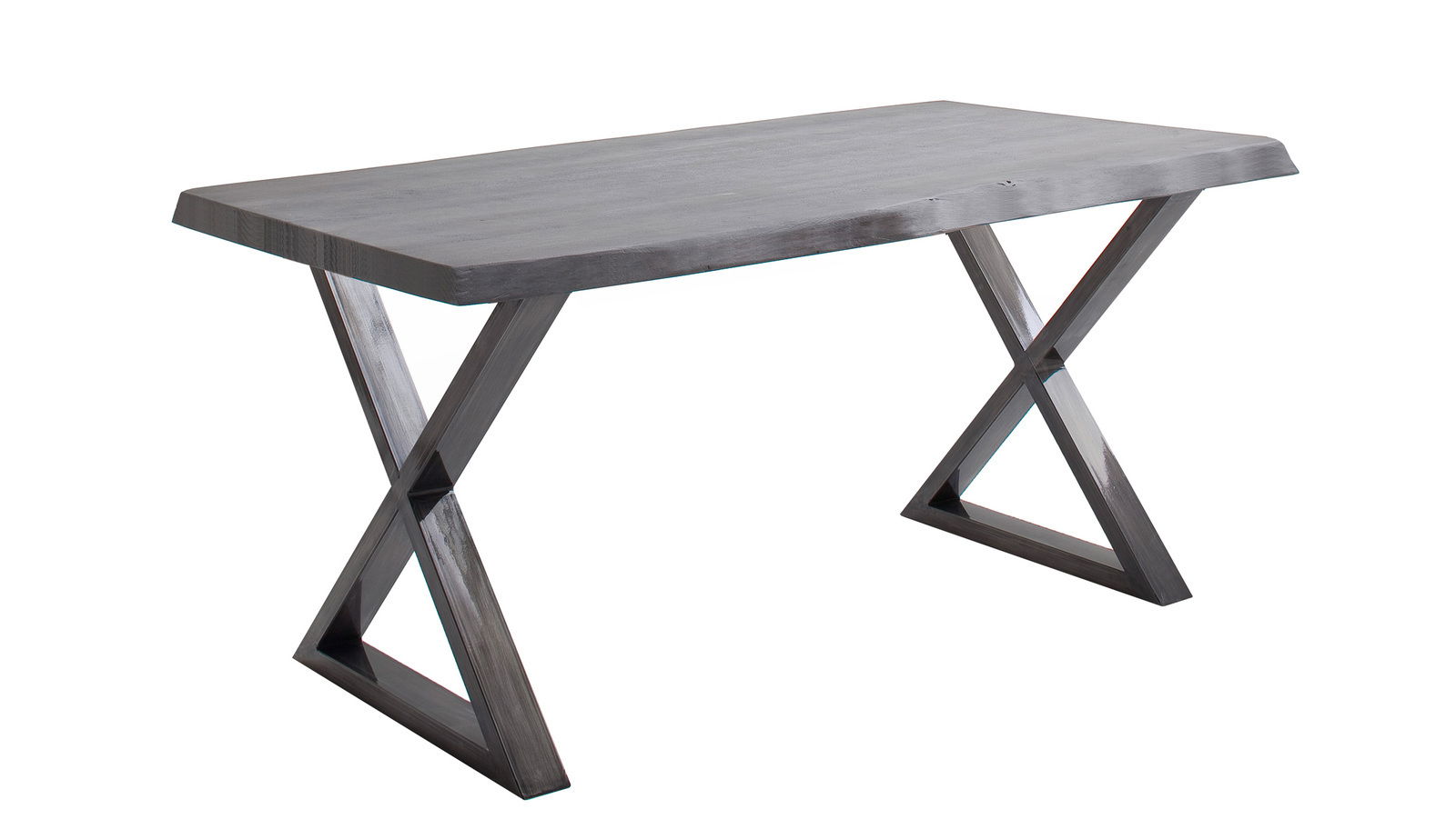 Moderner Esstisch mit X-förmigen Metallbeinen, seitliche Perspektive