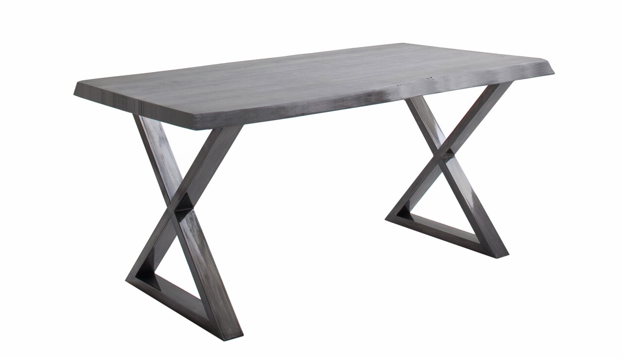 Moderne eettafel met X-vormige metalen poten, zijaanzicht