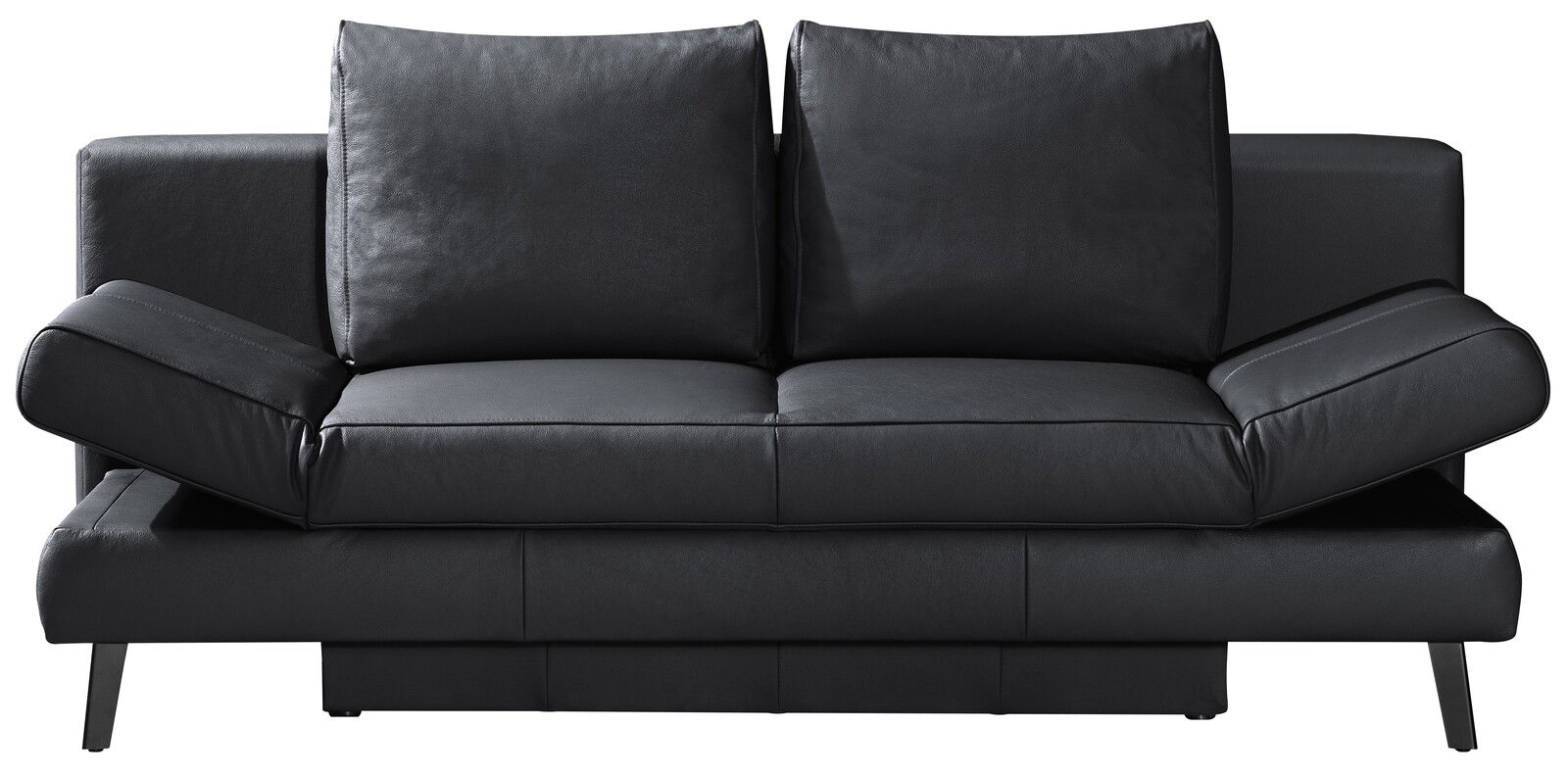 Schwarzes Querschläfer-Sofa aus Leder, Vorderansicht mit verstellbaren Armlehnen.