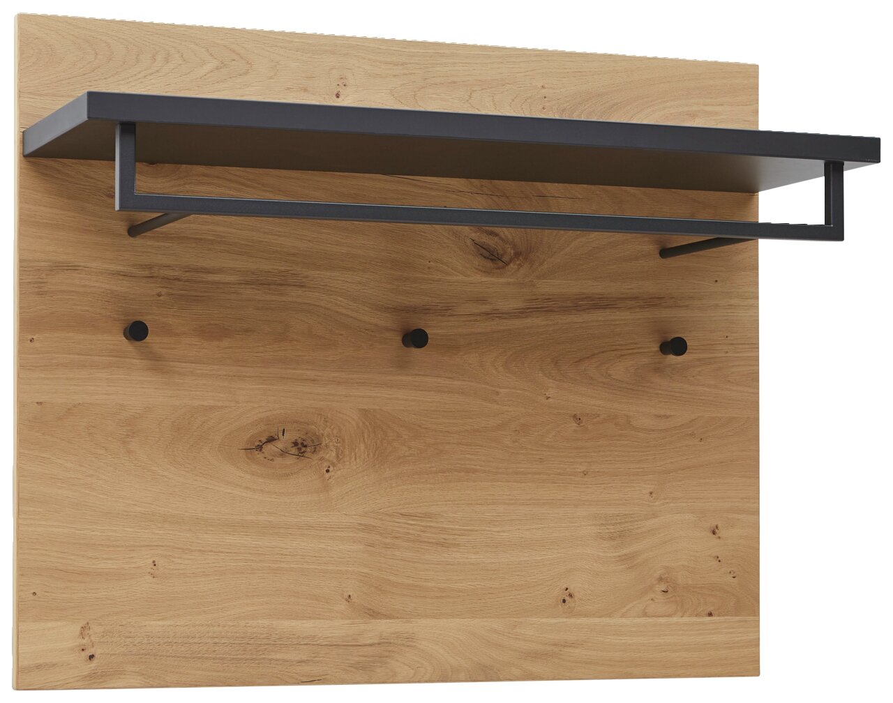 Garderobenpaneel aus Holz mit schwarzer Ablage und drei Haken, Frontalansicht