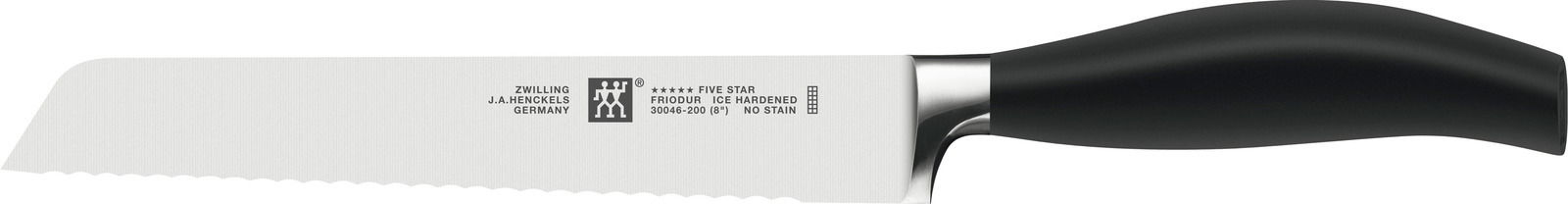 Seitliche Ansicht eines Brotmessers aus der Serie Zwilling Five Star mit schwarzem Griff und gezahnter Klinge.