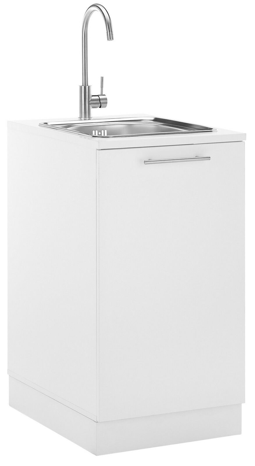 Weißer Spülenunterschrank mit Edelstahlspüle und Wasserhahn, seitliche Perspektive