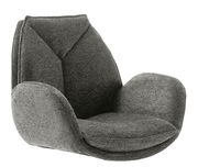 Grauer Armlehnstuhl aus Stoff in seitlicher Perspektive