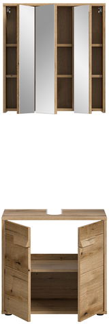 Badezimmerschrank-Kombination aus Holz mit Spiegelschrank und Unterschrank, Frontalansicht