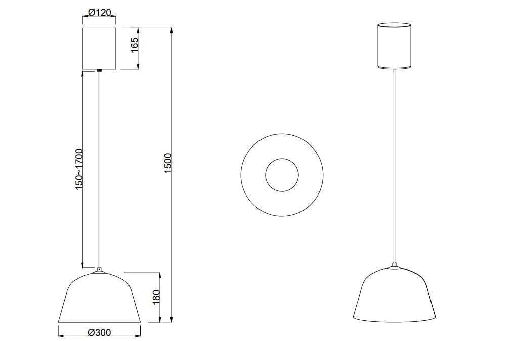Technische Zeichnung einer Hängeleuchte mit zylindrischem Baldachin und konischem Lampenschirm, Seiten- und Draufsicht.