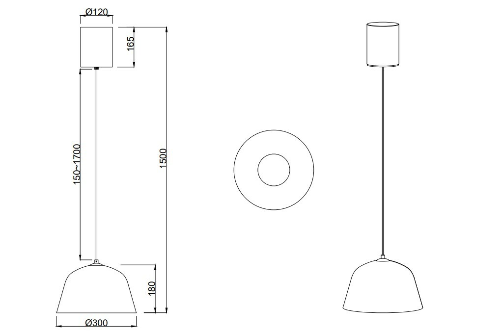 Technische Zeichnung einer Hängeleuchte mit zylindrischem Baldachin und konischem Lampenschirm, Seiten- und Draufsicht.