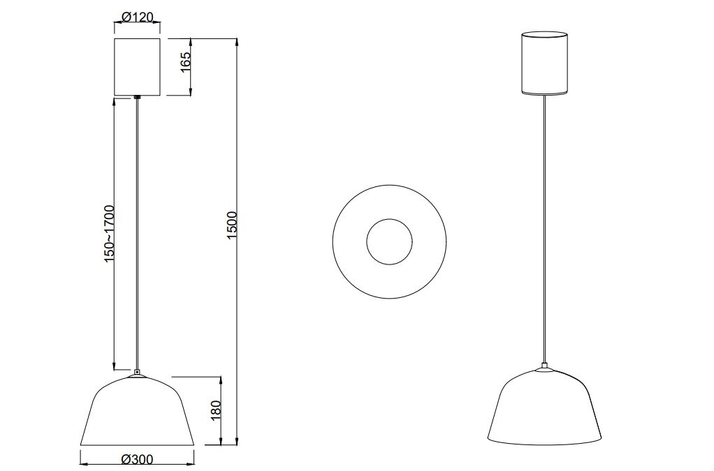 Technische tekening van een hanglamp met een cilindrische kap en een conische lampenkap, zijaanzicht en bovenaanzicht.