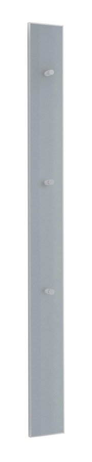 Schmale, rechteckige graue Wandpaneel- oder Leistenplatte mit drei kleinen weißen Befestigungsstiften, freigestellt auf weißem Hintergrund, Frontansicht mit leichter Seitenperspektive