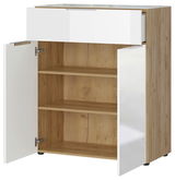 Kommode mit Holzoptik und weißen Türen, offene Perspektive von vorne