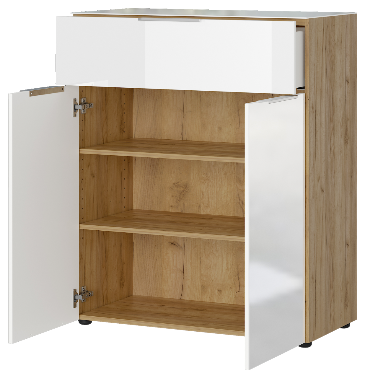 Kommode mit Holzoptik und weißen Türen, offene Perspektive von vorne